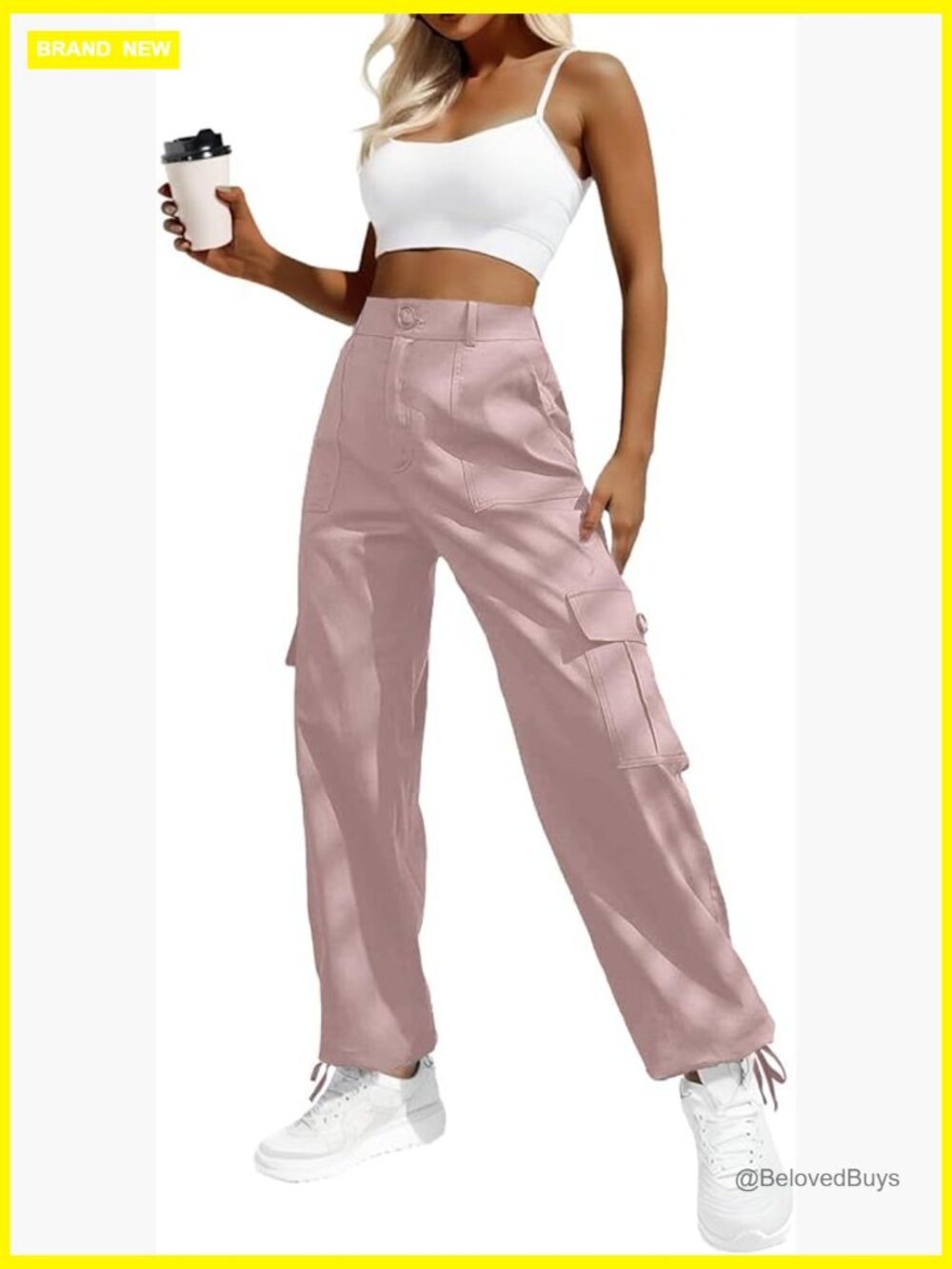 High Waisted Cargo Pants with 6 Pockets Drawstring Ankle Cuffs
